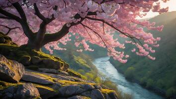 Flowering Tree Overlooking River Valley Landscape with Sunlight photo