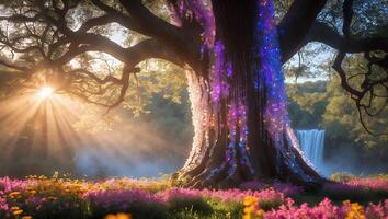 Enchanted Tree Glowing with Lights in a Dreamy Flower Meadow Scene photo