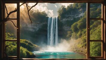 Majestic Waterfall View From Wooden Window in Lush Green Landscape photo