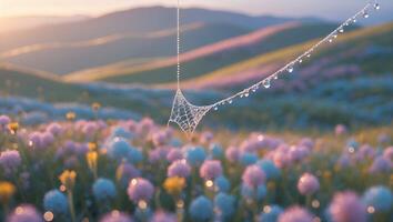 Dew Covered Cobweb Hanging Over Flower Field at Sunrise photo