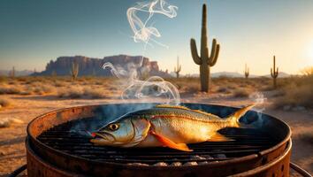 Grilling Fish in Desert Landscape at Sunset with Rising Smoke photo