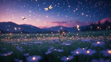 Fireflies Flying Above Flower Meadow at Dusk with Stars photo