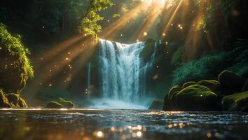 Waterfall Flowing in a Lush Forest with Sun Rays Shining Through photo