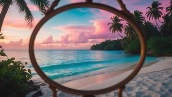 Tropical Beach Scene Reflected in Mirror at Sunset with Palm Trees photo