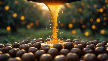 Liquid Pouring Onto Round Objects Outdoors with Bokeh Lighting photo