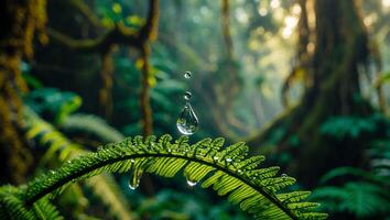 Water Drop Falling Onto Fern Leaf in Lush Green Forest photo