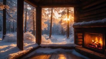 Cozy Fireplace in Log Cabin with Snowy Forest View photo
