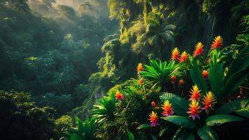 Vibrant Flowers and Tropical Forest Landscape with Lush Greenery photo