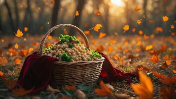 Basket of Food in Autumn Leaves Falling with Soft Sunlight photo