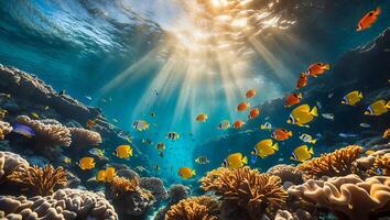 Swimming Fish Under Ocean Surface with Coral and Sun Rays photo