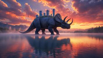Triceratops Walking in Water with Cityscape on Back at Sunset photo