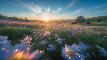 Field of Flowers Blooming at Sunrise with Dew Drops and Meadow photo