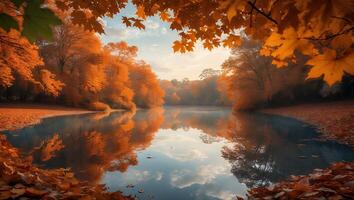 Reflecting Autumn Foliage on a Calm Lake Surface in Nature photo