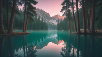 Calm Lake Reflecting Mountain Landscape at Dawn with Forest Edge photo