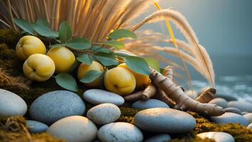 Fresh Fruits and Root Arrangement with Stones and Soft Grass photo
