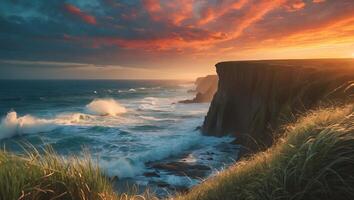 Dramatic Ocean Cliffs at Sunset with Breaking Waves and Grassy Bluff photo