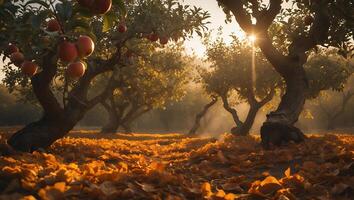 Walking Through Apple Orchard with Golden Leaves and Sunlit Mist photo