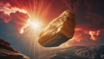 Floating Rock Formation with Red Sky and Sunlight Landscape Concept photo