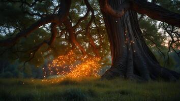 Magical Forest Glowing Light Effect Underneath a Large Spreading Tree photo