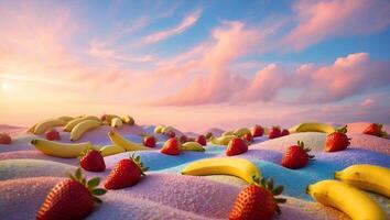 Bananas and Strawberries on Colorful Sand with a Vibrant Sunset Sky photo