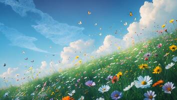Butterflies Fly Over Meadow with Colorful Flowers Under Blue Sky photo