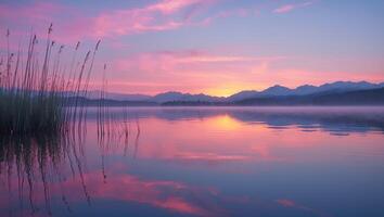 Reflecting Lake at Sunset with Pink Sky and Distant Mountains photo