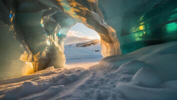 Exploring Inside an Ice Cave Tunnel with Sunlight on Snowy Ground photo