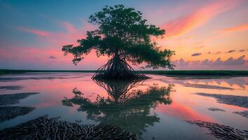 Tree Standing in Water Reflecting Colorful Sky at Peaceful Sunset photo