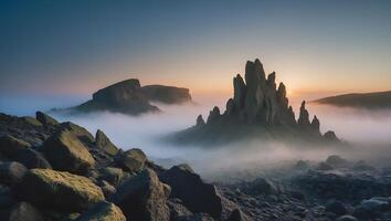 Foggy Landscape with Rocky Peaks and Sunrise Creates Dreamlike Atmosphere photo