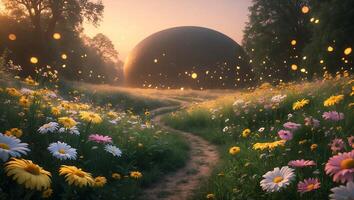 Walking on Path Through Field of Flowers with Glowing Orbs photo