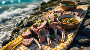 Grilled Lamb Chops and Sides Displayed Near Ocean Shoreline photo