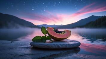Papaya Slice by Lakeside with Mint at Dusk or Dawn photo