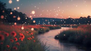 Tranquil Stream Flows Through Meadow at Dusk with Sparkling Lights photo