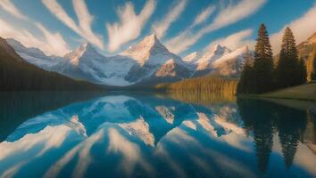 Mountain Peaks Reflecting in Lake Under Dramatic Sky Landscape Scene photo