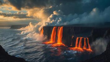 Lava Flowing Into Ocean From Cliffside with Dramatic Cloudy Sky photo