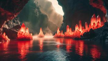 Red Crystals in Cave Reflecting on Water Surface with Fog photo