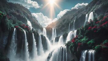 Cascading Waterfalls Flowing Down Lush Green Mountain Slopes on Sunny Day photo