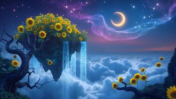Floating Island with Sunflowers and Waterfall in a Dreamlike Sky photo