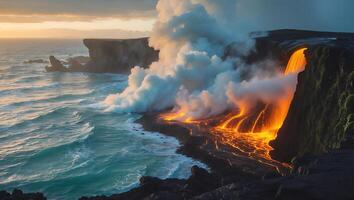 Lava Flowing Into Ocean Creating Steam During Sunrise photo