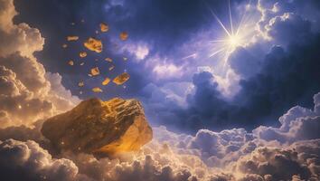 Floating Rock Formation Among Clouds with Shining Celestial Light photo