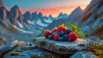 Assorted Berries Composition on Stone with Mountain Scenery photo