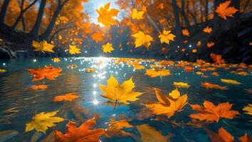 Falling Autumn Leaves Over Creek with Water Reflecting the Sunlight photo