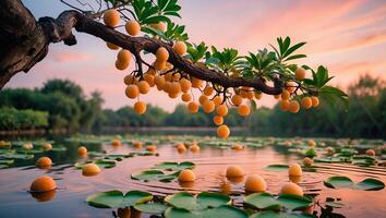 Tree Branch Hanging Over Lake with Floating Fruits at Sunset photo