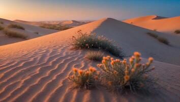 Sand Dunes Landscape with Wildflowers at Dusk Serene Desert Scene photo