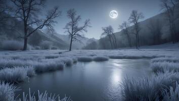 Frozen Winter Landscape with Pond, Snow Covered Trees, and Moon photo