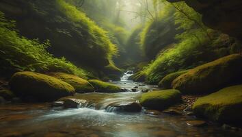 Flowing Stream Through Forest Gorge with Mossy Rocks and Greenery photo