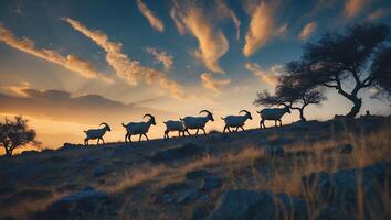 Goats Walking on Hill at Sunset with Dramatic Sky and Tree photo