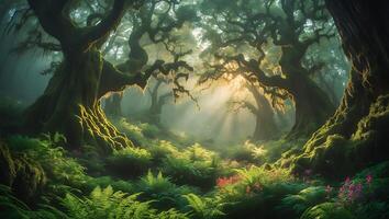 Sun Rays Shining Through Mossy Trees in a Lush Forest Scene photo