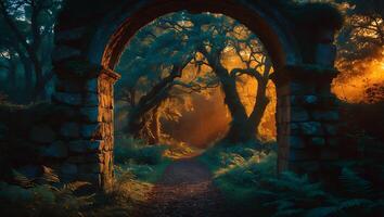 Walking Path Through the Forest with Stone Archway at Sunset photo
