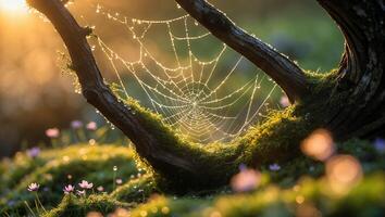 Illuminated Spiderweb Glistening with Dew Drops in a Mossy Nature Setting photo